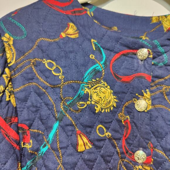 Vintage 80s Women's Sz 5/6 Blue Cropped Quilted Jacket Gold Buttons Mob Wife - Picture 2 of 8